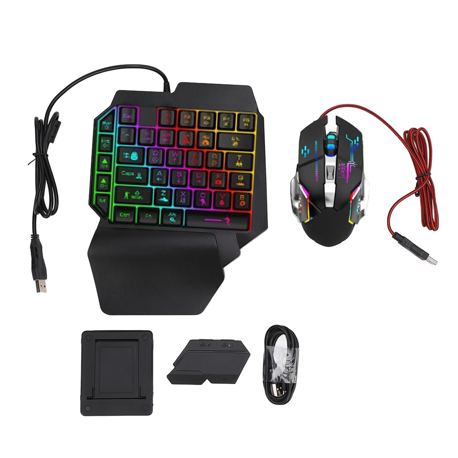 Gaming Accessories Phone - ชุดแปลงเมาส์คีย์บอร์ด ชุดคีย์บอร์ดเมาส์แบบมือเดียวที่ตอบสนองได้รวดเร็ว ชาร์จ 5V 2A พร้อมที่วางโทรศัพท์แบบปรับได้สำหรับเล่นเกม