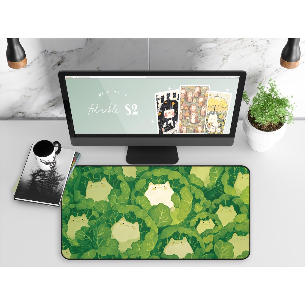 Gaming Accessories Officeworks - แผ่นรองโต๊ะน่ารัก, แมวน่ารักในกะหล่ำปลี, แผ่นรองเมาส์สีเขียวน่ารัก, อุปกรณ์เสริมโต๊ะทำงาน, แผ่นรองโต๊ะเกมมิ่ง, ของตกแต่งสำนักงาน,