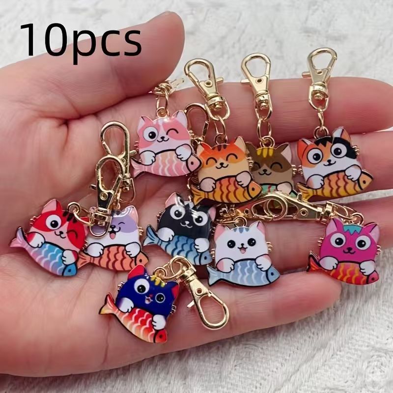 Gaming Accessories Gifts - พวงกุญแจแมวลายพิมพ์โลหะผสม 10 ชิ้น เหมาะสำหรับใช้เป็นของตกแต่งกระเป๋าและกระเป๋าสตางค์ เป็นตัวเลือกที่ดีที่สุดสำหรับของขวัญ