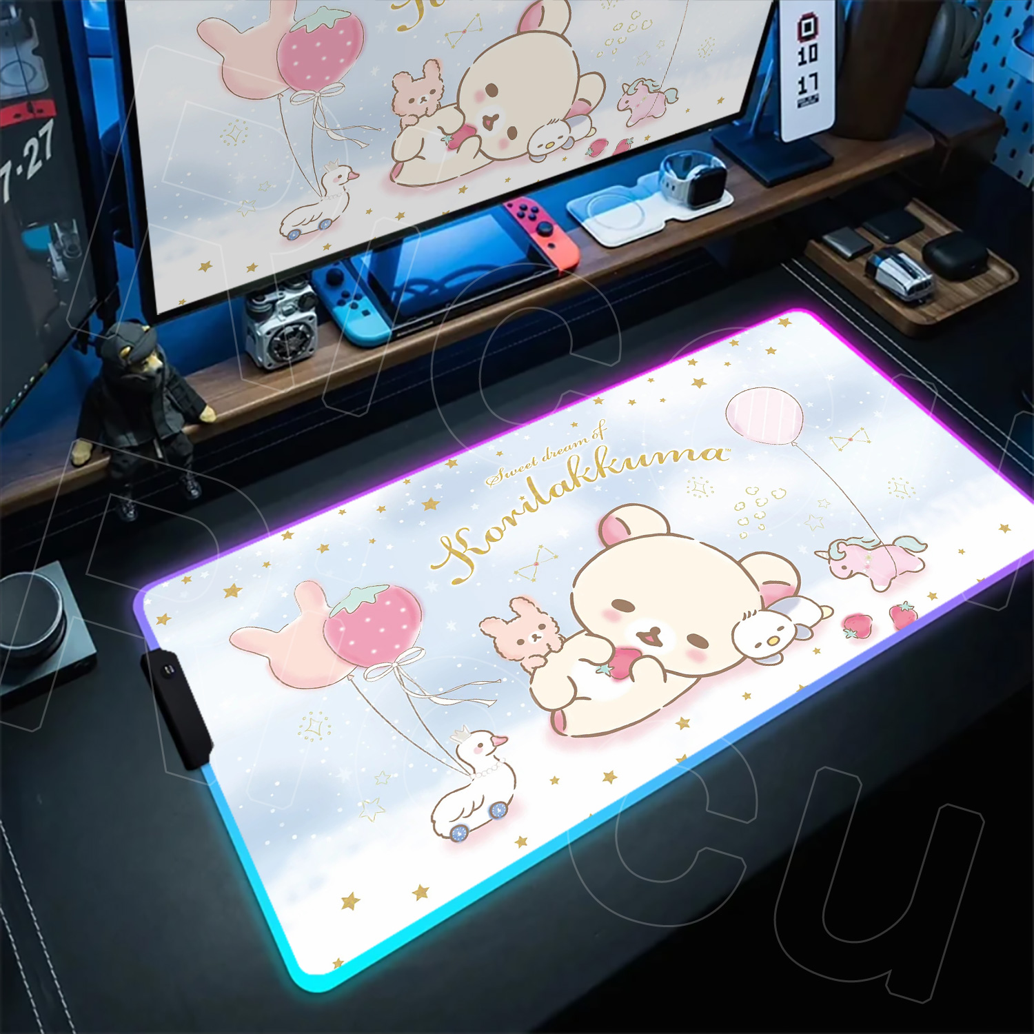 Gaming Accessories Officeworks - แผ่นรองเมาส์อนิเมะสีชมพูขนาดใหญ่ XXL ลายริลัคคุมะ RGB แบบ HD